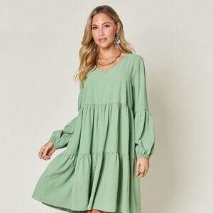 Double Take Full Size V-Neck Balloon Sleeve Tiered Dress with Pockets